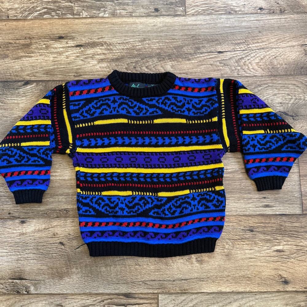 Vintage Kids 80s Abstract Neon Chunky Knit Crewneck Sweater
